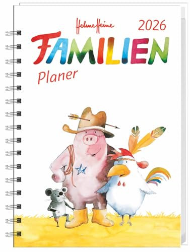 Helme Heine Familienplaner-Buch A6 - Kalender 2026 - Heye-Verlag - Taschenkalender mit 4 Namensspalten, Einstecktasche, Lineal und Schulferien - 11,5 cm x 16,3 cm