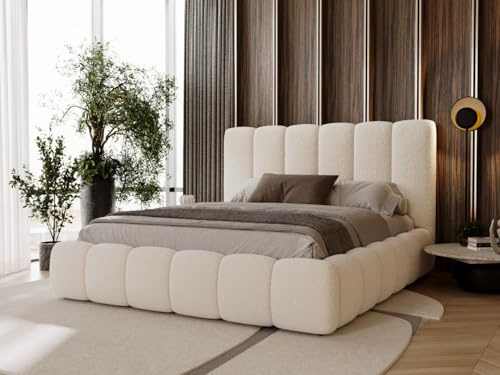 GRAINGOLD Imperial Bett 200x200, Polsterbett mit Bettkasten, Polsterbett mit Stauraum, Bouclé-Stoff, mit Lattenrost, mit Kopfteil, ohne Matratze (Creme, 200x200)