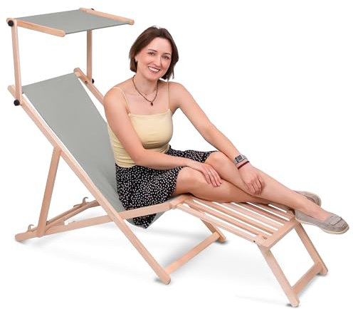 DreamRoots Sonnenliege klappbar mit Dach aus Holz - Liegestuhl mit Sonnenschutz & Fußstütze aus Holz bis 130 kg, Oxford-Polyester 220g/m², 3-Fach verstellbar - Pale Grey