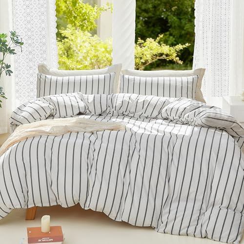 DONEUS White Striped Duvet Cover Set 100% Washed Cotton Linen Like Super Soft Breathable Comfy 3 Pieces Bedding Set with Zipper Closure (White Dark Grey Wide Stripes, Queen 90x90)