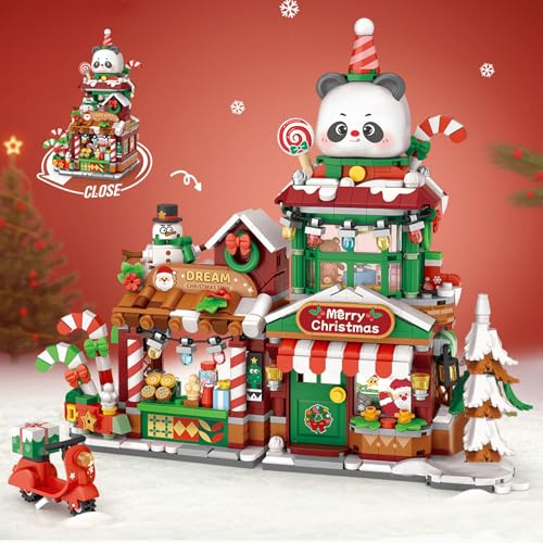 MEIEST Mini Weihnachten Stadtgeschäft Straßenblick Bausteine Set,Simulation Faltbare Architektur Sammlung BAU Bausteine Spielzeug,Heimdekor (Panda Weihnachtsgeschäft)