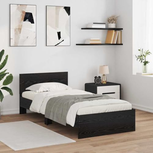 Qnhdfrt LED Bettgestell Schwarz Eiche 100x200 cm Holzwerkstoff Lattenrost integriert Modernes Jugendzimmer Schlafsofa für einzelnes Schlafzimmer