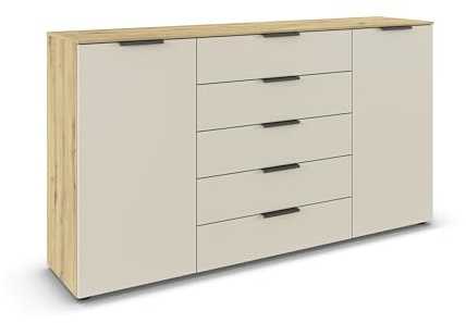 Rauch Möbel Flipp, Kommode, Farbe Beige/Eiche Artisan, Breite 180 cm | Sideboard, 2-türig, 5 Schubladen, Soft-Close-Funktion, für Schlafzimmer, Gästezimmer, Wohnzimmer, Garderobe, Flur