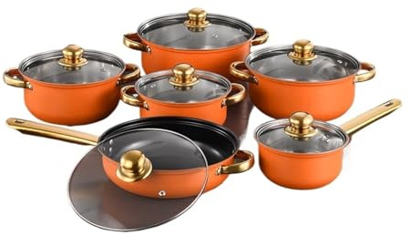 12-Piece Nonstick Fry Pan Set - Stainless Steel Induction Cookware for Gas/Electric, Heat-Resistant Skillet & Saucepan Combo(Orange)