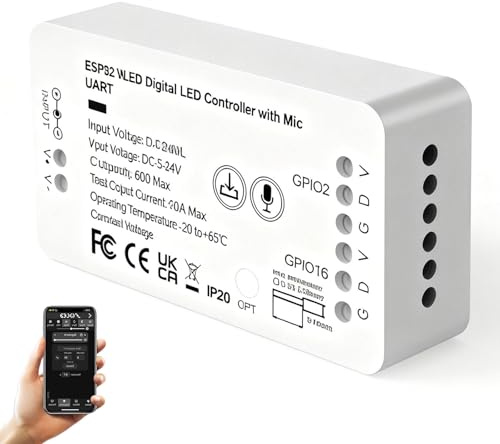 BORDEAG ESP32 WLED Controller, DC 5V-24V Digital LED Strip Controller, Kompakter WLED Controller mit Mikrofon UART Download, Support WS2811, SK6812, SM16703P, WS2812B Adressierbare Lichtleisten