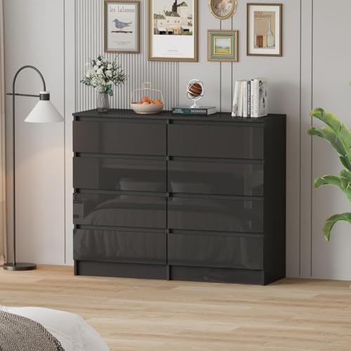 KernGut High Gloss Modern Kommode, 8 Schrank, Schwarz | 6/7/8 Schubladen, Schlafzimmer Schrank, Bettseite Sideboard, Aufbewahrungsmöbel für Wohnzimmer Büro Flur