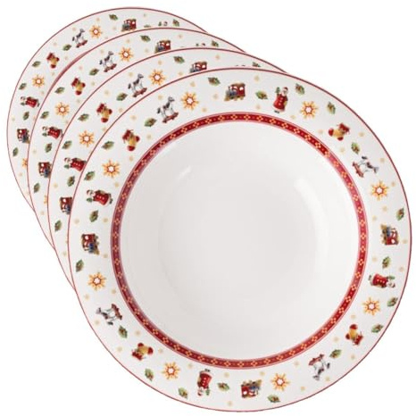 Villeroy & Boch Toy's Delight Specials Soup Plate - Deep Dish for Soups, Salads and Pasta - Christmas Tableware, 23 cm Ø, Porcelain, Dishwasher and Microwave-Safe, White/Red (Pack of 4)