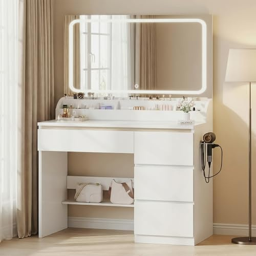 Devoko Schminktisch Klein mit LED Spiegel 80x45cm, Schminktisch mit Schubladen, Vanity Desk mit Steckdosen, Großer Frisiertisch, Moderner Schminktisch,Weiß