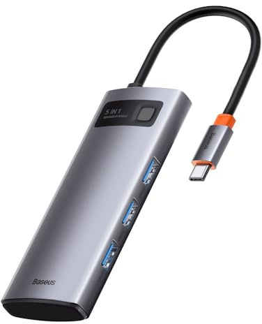 Baseus Metal Gleam 5 in 1, Multifunktions-PC/Telefon-Hub Adapter, grau, Anzahl Anschlüsse: 5, Eingang: USB Type C, Ausgang: USB Type A 3.0 X 3, USB Type C (PD), 4K HDMI,Reisegröße