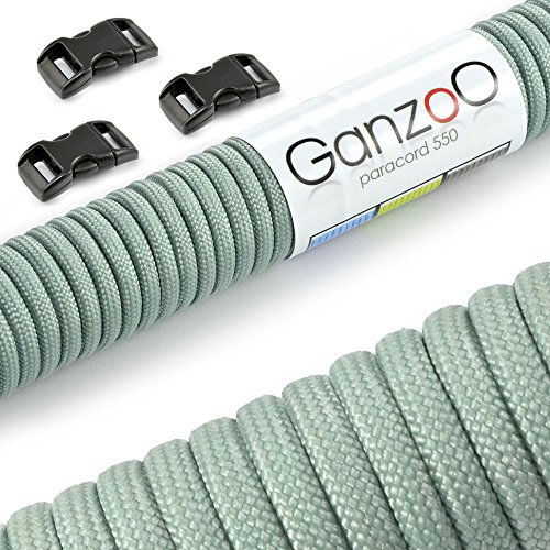 Ganzoo Set Paracord 550 Seil mit 3 x Klickverschluss 3/8“ 10mm Gurt/Schnur 4mm, Nylon - Polyester, Typ 3, 30 Meter, Outdoor-Schnur, Allzweckseil, Armband knüpfen, basteln, Silber grau