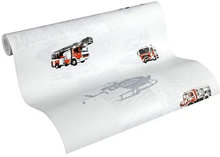 A.S. Création PVC-freie Vliestapete Little Stars Tapete mit Feuerwehr Autos 10,05 m x 0,53 m grau rot schwarz Made in Germany 358131 35813-1