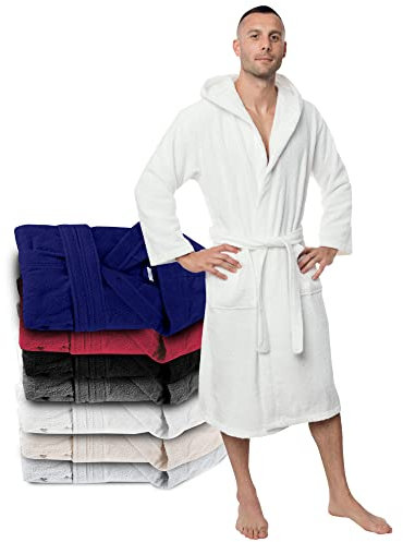 Twinzen Bademantel Herren - M - Weiß - 100% Baumwolle (350g/m²) Oeko-TEX® Zertifiziert - Bademantel mit Kapuze, 2 Taschen, Gürtel