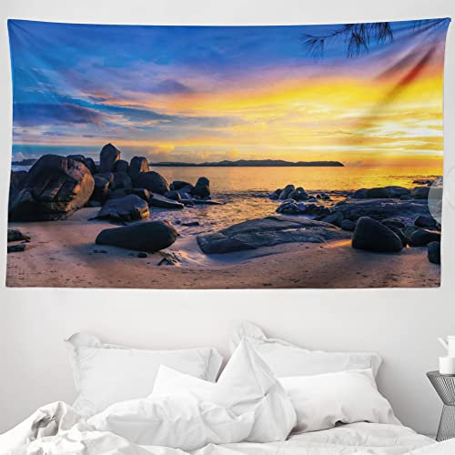 ABAKUHAUS Sonnenuntergang Wandteppich und Tagesdecke Horizon Sky Beach Viewaus Weiches Mikrofaser Stoff 230 x 140 cm Wand Dekoration Mauve, Gelb Blau
