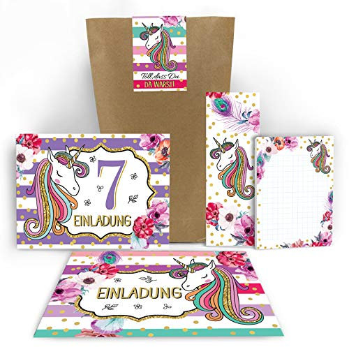 Junaversum 8 Einladungskarten zum 7. Kindergeburtstag Mädchen Einhorn Unicorn Einladungen zum siebten Geburtstag incl. 8 Umschläge, 8 Aufkleber, 8 Tüten/Natur, 8 Lesezeichen, 8 Notizblöcke