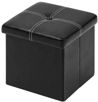 Bonlife Black Ottoman Storage Box with Lids Seat Faux Leather Folding Stools Cube Toy Chests for Kids bedroom Furniture Small Footstool 11.8 in(30cm)