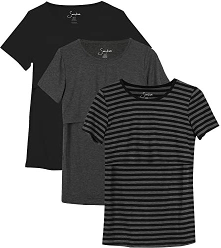 Sosolism 3 Pack Nursing Tops Summer Short Sleeve Breastfeeding Shirts Casual Pregnancy Postpartum Tshirts for Women Black, Dark Grey, Striped, X-Large