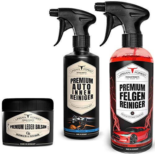 URBAN FOREST Auto Reiniger SPARSET | Auto Innenraum Reiniger & Innenraumpflege 500ml + Felgen Reiniger 1000ml + Premium Leder Balsam für professionelle Lederpflege 250ml Made in Germany