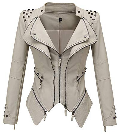 Zhenwo Frauen Biker-Jacke Slim Fit Short Lederjacke Mit Nieten Damen Multi-Zip Motorcycl Outwear Classic Black Punk Kostüm Mädchen Herbst Frühling,Weiß,5XL
