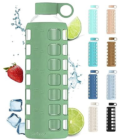 purifyou Bouteilles d'eau en verre de qualité supérieure - 81 / 56 / 340 ml - Avec graduations de temps et de volume antidérapantes en silicone et couvercle en acier inoxydable - Pour eau, jus