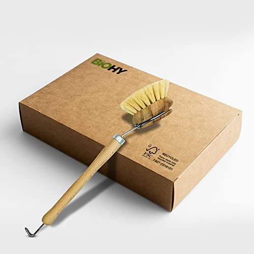 BiOHY Brosse à vaisselle en bois de hêtre et fibre (individuelle) | Brosse en bois de qualité supérieure pour rincer et nettoyer la vaisselle | Brosse de cuisine avec têtes interchangeables |