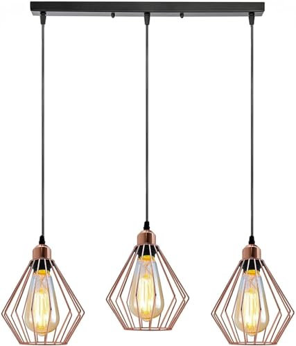 LEDSone 3 Head Rose Gold Vintage Industrial Ceiling Hanging Light Diamond Cage Shade Loft Style Metal Ceiling Pendant Lamp for Kitchen Island E27 UK Holder Kit, Rose Gold