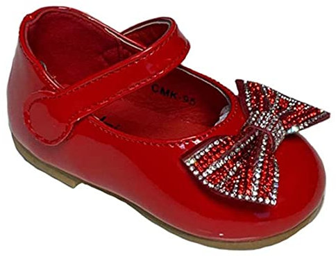 Girls Mary Jane Ballerina Flat Pumps (Little Girl/Toddler) Princess Party Shoes Bowknot Glitter Shining Ballet Dancing Wedding Dress Up Shoes Court Sandals (Red, Numeric_4)