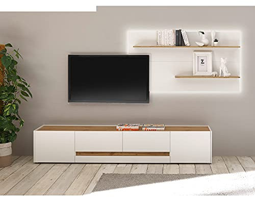 Lomadox TV-Wand mit LED-Beleuchtung in weiß mit Absetzungen in Wotan Eiche Nb., B/H/T: ca. 300/180/45 cm