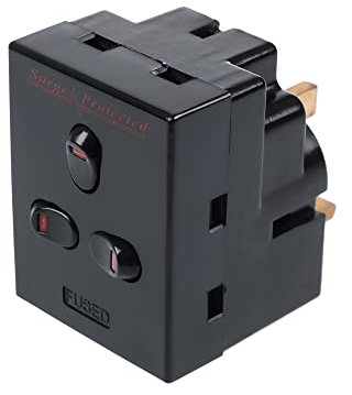 Invero 3 Way UK Mains Extension Switched 13A Adapter Plug Individually Triple Neon Switched Block Socket Splitter Surge Protected - Black