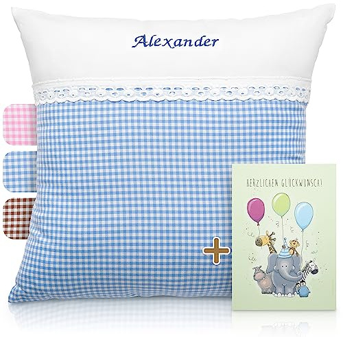 FADENZAUBER Babykissen personalisierbar mit Namen 40x40 cm für Jungs/Mädels | inkl. Glückwunschkarte, Handmade aus Deutschland