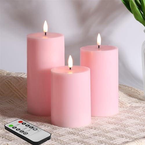 Eywamage Rosa Flammenlose Stumpenkerzen mit Fernbedienung, Flackernde Batterie LED Wachs Kerzen 3 Stück