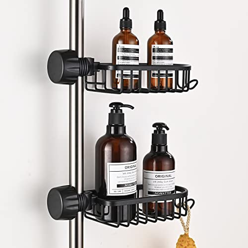No Drill Shower Caddies, 2Pcs Aluminum Bathroom Organiser Tray, Soap Holder and Shampoo Storage Rack, Kitchen Sink Tidy Organiser for 18-25mm Rail, Black
