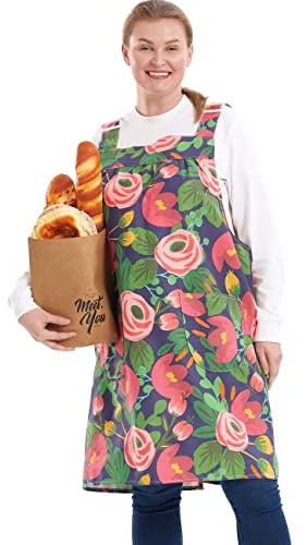 APRONNER No Ties Plus Size Aprons for Women with Pockets Cotton Linen Baking Kitchen Cooking