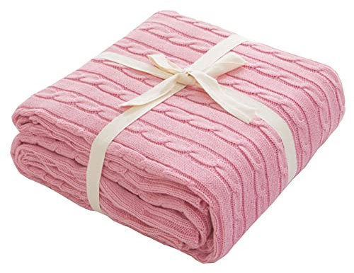 Lifup Gestrickte Decke aus 100% Baumwolle Warme Weiche Zopfmuster Kuscheldecke für Bett Sofa Couch Rosa 110x180cm