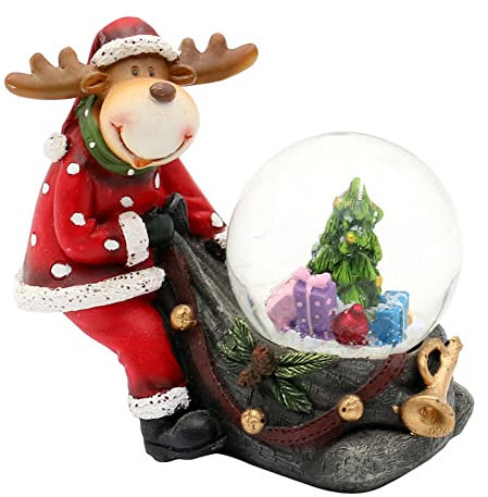 Wunderschöne Schneekugel, Rentier mit Geschenksack, Tannenbaum und Geschenke, Maße L/B/H: 9 x 5 x 8 cm Kugel Ø 4,5 cm.