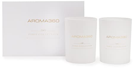 Aroma360 Dream On – Paris Collection Candle Duo – Luxuriöse Duftkerzen mit ätherischen Ölen – weißer Tee, süße Vanille und erdige Zeder – Aromatherapie – Soja-Kerzen – 80 Stunden Brenndauer – 325 ml –