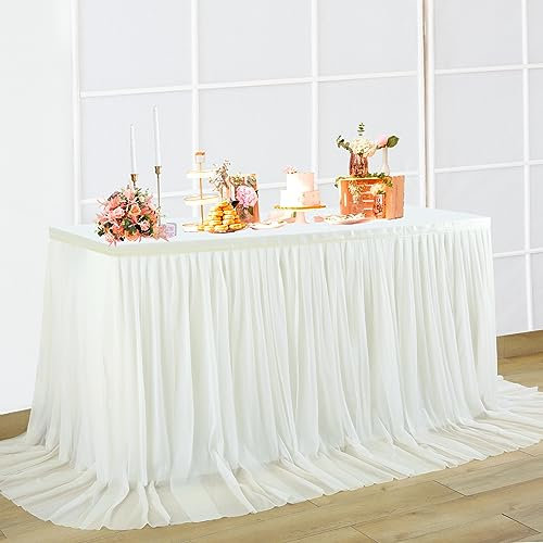 NSSONBEN Tüll Tischrock Elfenbein Tischröcke Tischdeko für Babyparty, Baby Shower Mädchen, Hochzeit, Geburtstag, Kindergeburtstag, Kommunion,275×77cm Elfenbein Tüll Tischrock
