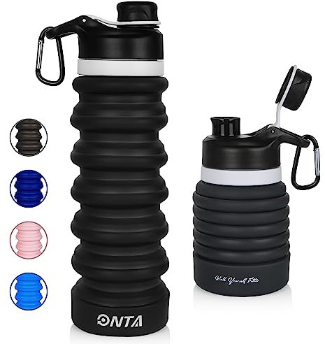 ONTA Faltbare Wasserflasche - BPA-freie für unterwegs, Lebensmitteltaugliche, Tragbare, Lecksichere Reise-Wasserflasche aus Silikon, 750ml (Schwarz)