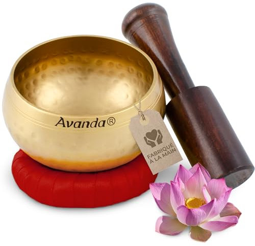 Set de bol chantant tibétain pour le yoga, la méditation et la relaxation - Bol chantant martelé tibétain Ø 10 cm, mailloches en bois de mangue et coussin jaune à anneaux Rouge