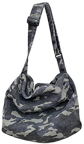 ARVALOLET Lässige Retro Schulranzen Camouflage Canvas Hobo Crossbody Tasche Große Kapazität Japanisch Waschbar Reißverschluss for Freizeit Reisen Einkaufen Handtasche, Weiß, schwarz (optional),