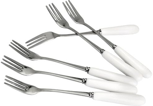 MEIYAHOME Fine Dessert Forks 18-10 Stainless Steel Fruit Fork(Creative White Ceramic Handle) Tasting Forks, 3-Tine Forks, sus304 6inch (6 Pcs)