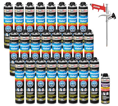 Isolbau B2 Lot de 24 tubes de colle périmétrique de 750 ml, 1 nettoyant en mousse polyuréthane et 1 pistolet à mousse pour plaques EPS et XPS, mousse adhésive en polyuréthane 1K pour fixation et