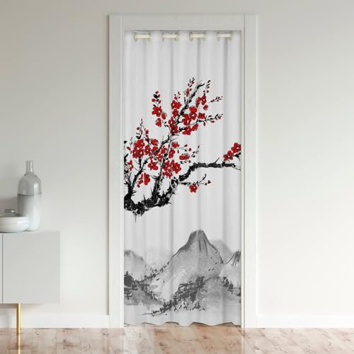 Homewish Rideaux de Porte de Style Japonais 106x203 cm, Rideau Occultant Imprimé de Fleurs de Cerisier Rouges, Rideau de Porte Interieur À Motif du Mont Fuji, Peinture À L'Encre Noir et Blanc