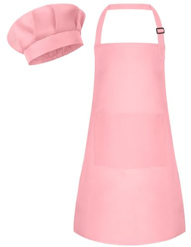 Bouiexye Kinder Schürze und Kochmütze Set Verstellbare Kinder Kinderschürze Bemalen Schürze Küchenschürze Bastelschürzen mit 2 Taschen zum Malen Backen Kochen (Rosa)