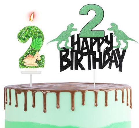 Dinosaur Cake Topper with Number Candle & 2 Dino Candles - Happy 2nd Birthday Dinosaur Theme Party Cake & Cupcake Topper