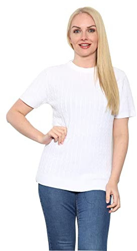 WearAll Women's Short Sleeve Chunky Cable Knitted Jumper - Ladies Oversized Crew Neck Loose Sweater Top White Plus Size 20-22