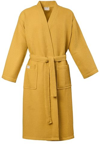 PandaHome Bademantel 100% Baumwolle Waffelstoff Reisebademantel für Damen und Herren, Weiches, Saugfähiges und Leichtes Spa Bademäntel (Senfgelb, M)