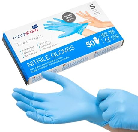 HOMESHOPA Disposable Nitrile Examination Gloves, 50 Pack Blue, Small, Powder Free, Latex Free, Medical Grade, Food Safe, Multipurpose, Non-Sterile Protective Extra Strong Surgical Gloves