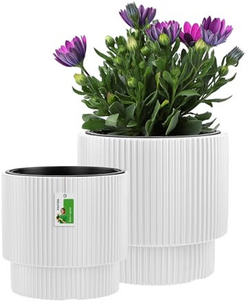 PAFEN Kunststoff Blumentopf Set - 2 Großen: 29,5 cm und 39,5 cm - Elegant Blumenkübel im Doppelpack Übertopf Pflanztopf Pflanzkübel Für Innen Und Balkon Garten Pflanzen | Weiß