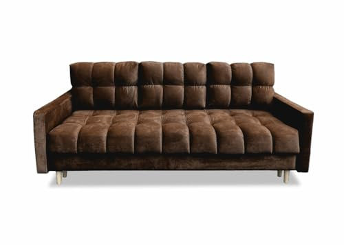 Meble Ares Stilvolles Sofa 3-Sitzer Rocco Mit Schlaffunktion und Bettkasten - Praktisches Ausziehbares Schlafsofa Mit Gesteppten Seiten - Holzbeine, Velours - Braun