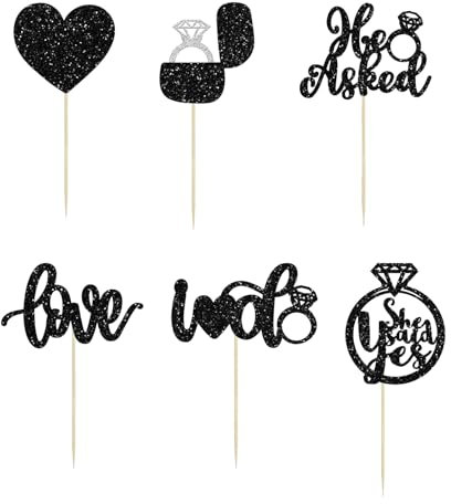 24Pcs Cupcake Toppers, Cake Toppers with Diamond Ring Bride, Black Heart Cupcake Topper for Bridal Shower Wedding Engagement Bachelorette Party Cake Decorations